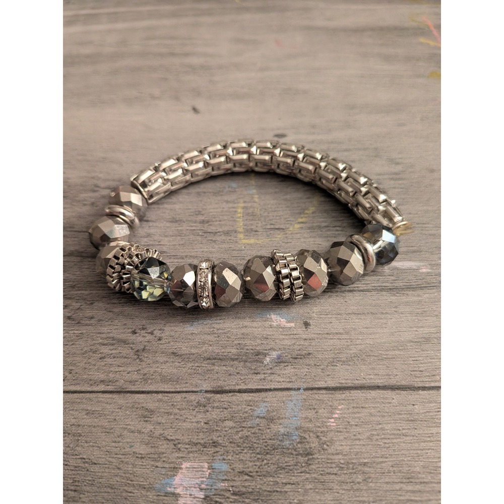 Womens Silver Tone Stretch Bracelet Faceted Beads Rhinestone Spacers Box Chain